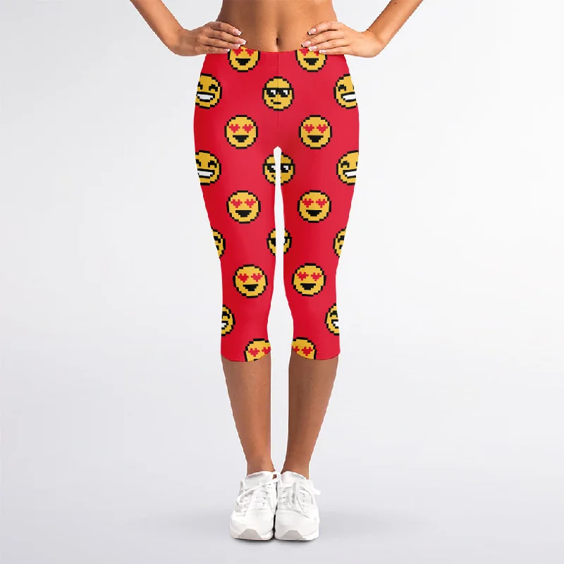 8-Bit Emoji Pattern Print Women's Capri Leggings