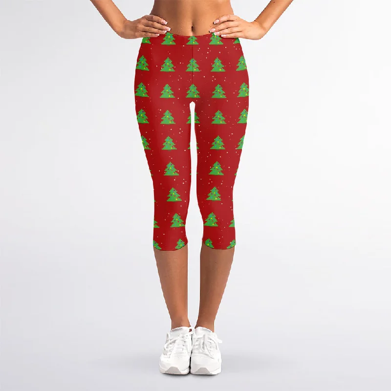 8-Bit Pixel Christmas Tree Pattern Print Women's Capri Leggings