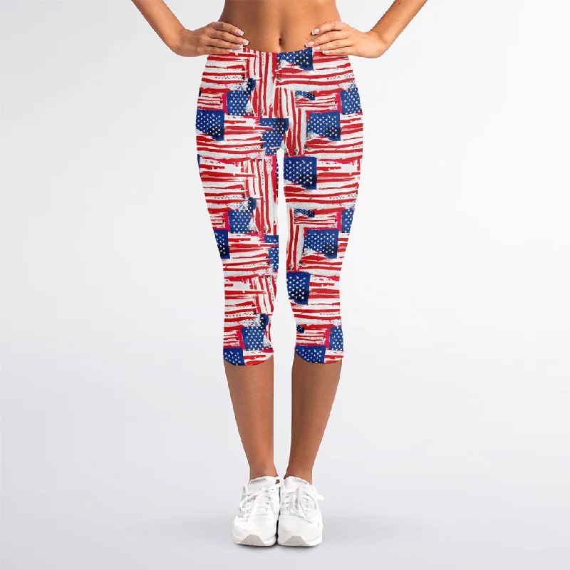 Abstract American Flag Print Women's Capri Leggings