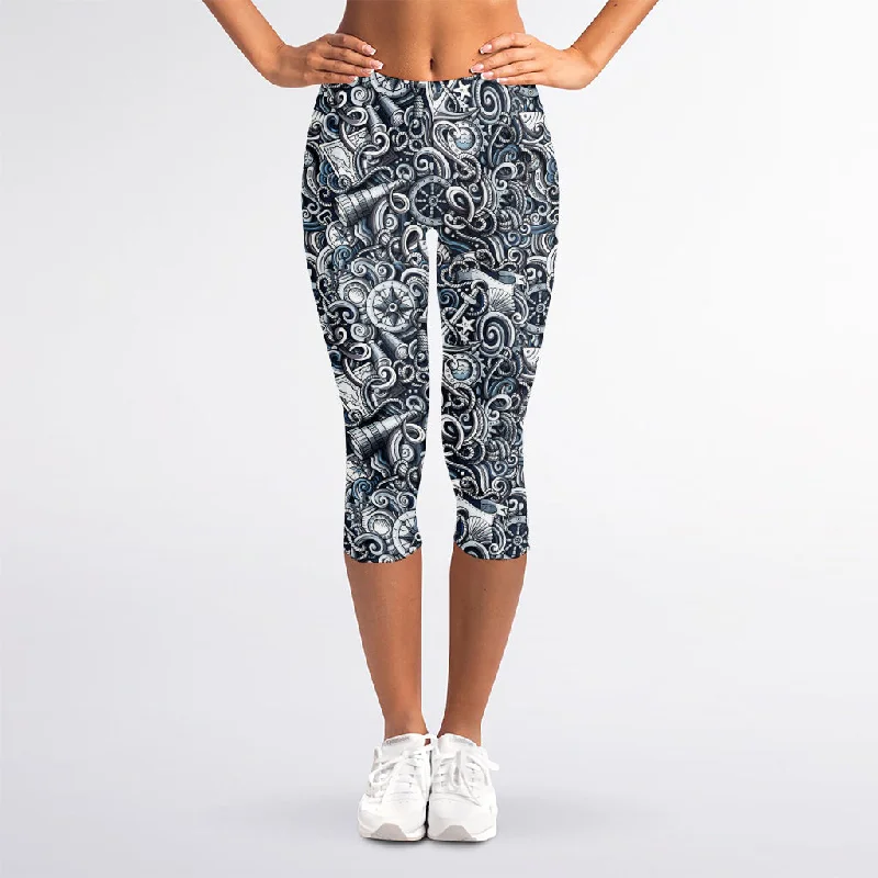 Abstract Nautical Anchor Pattern Print Women's Capri Leggings