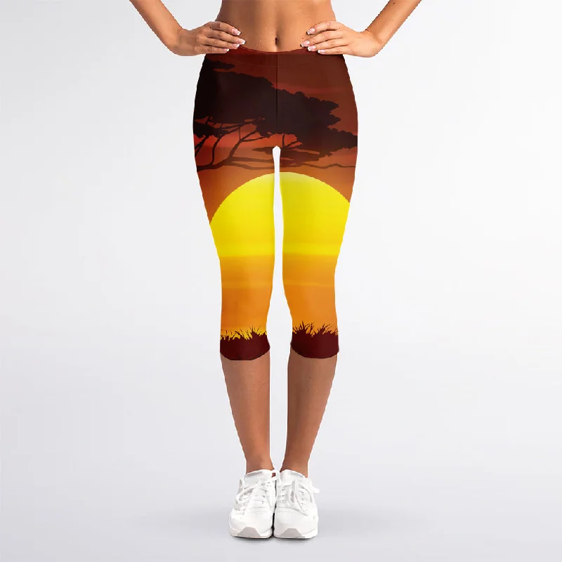 African Savanna Sunset Print Women's Capri Leggings