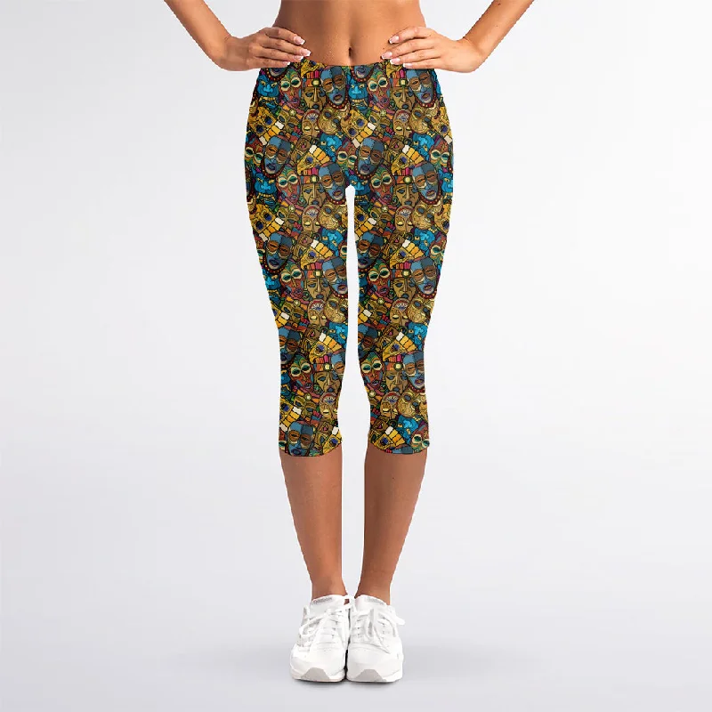 African Totem Masks Pattern Print Women's Capri Leggings