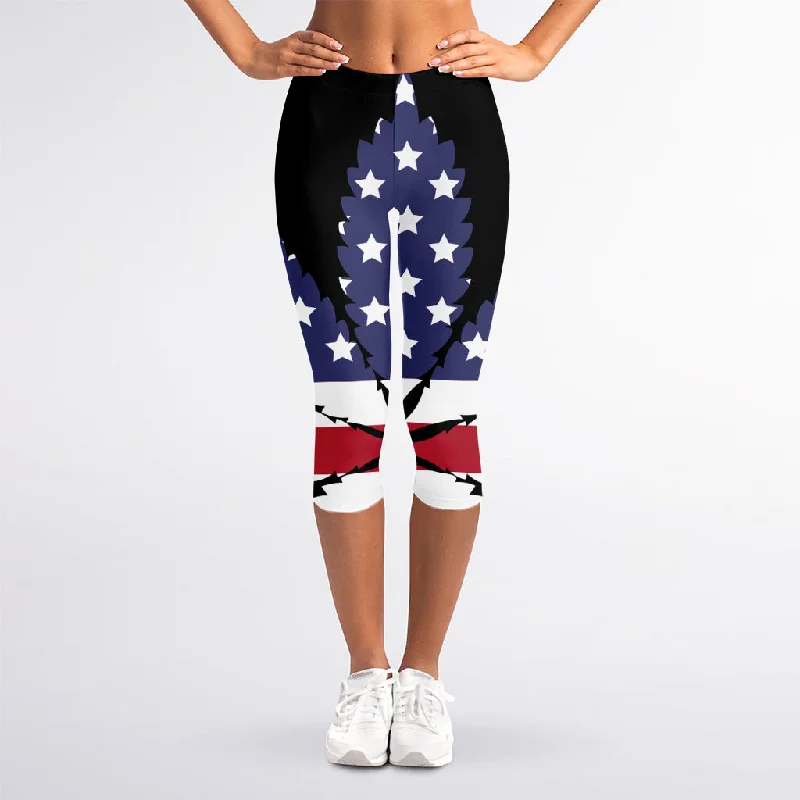 American Cannabis Leaf Flag Print Women's Capri Leggings