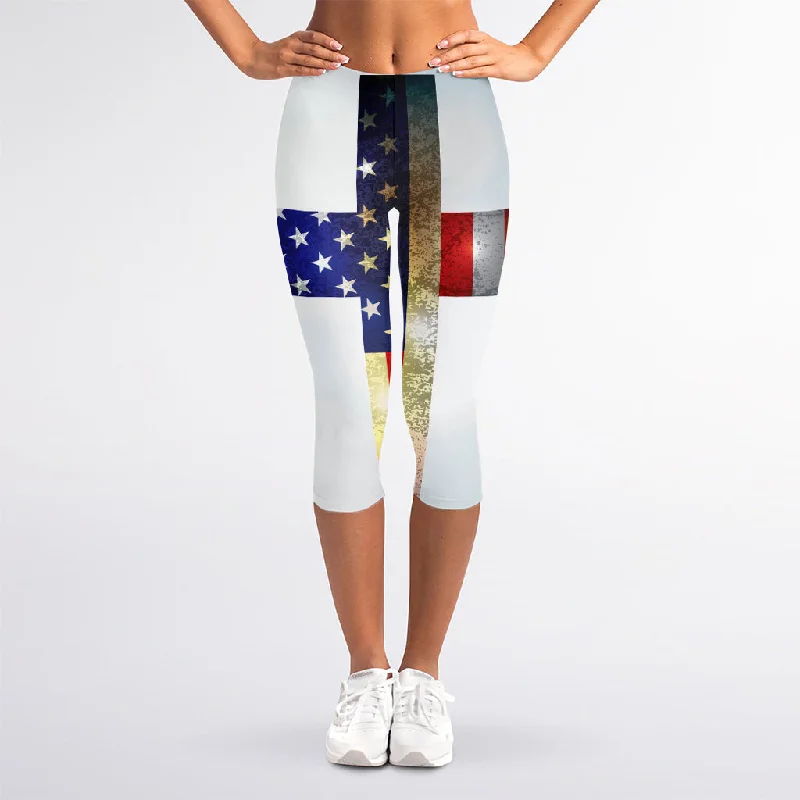 American Christian Cross Flag Print Women's Capri Leggings