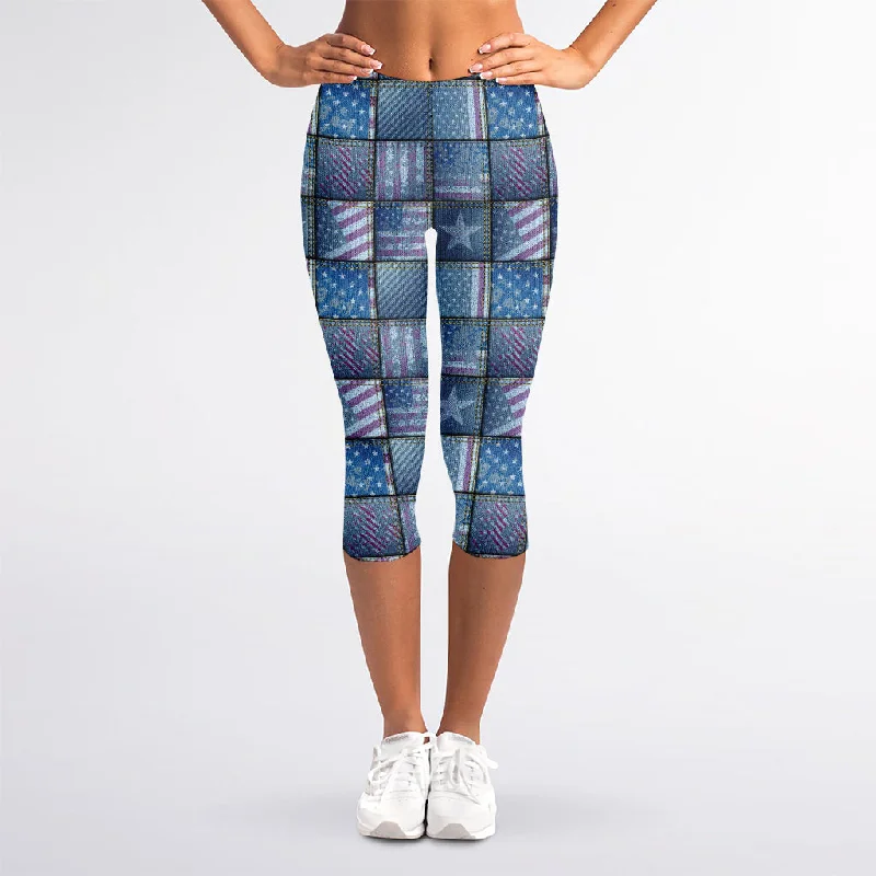 American Denim Patchwork Pattern Print Women's Capri Leggings