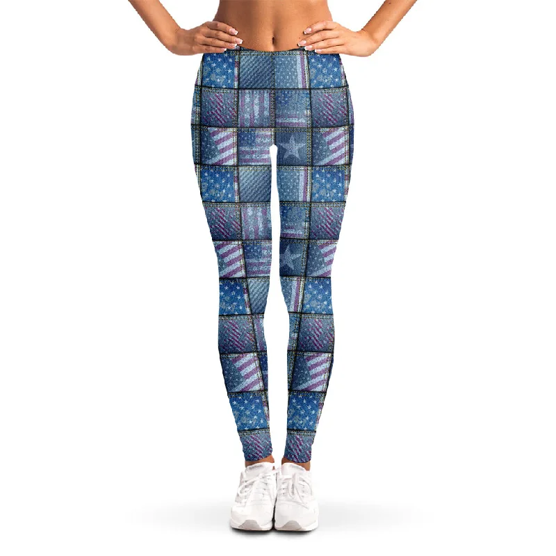 American Denim Patchwork Pattern Print Women's Leggings