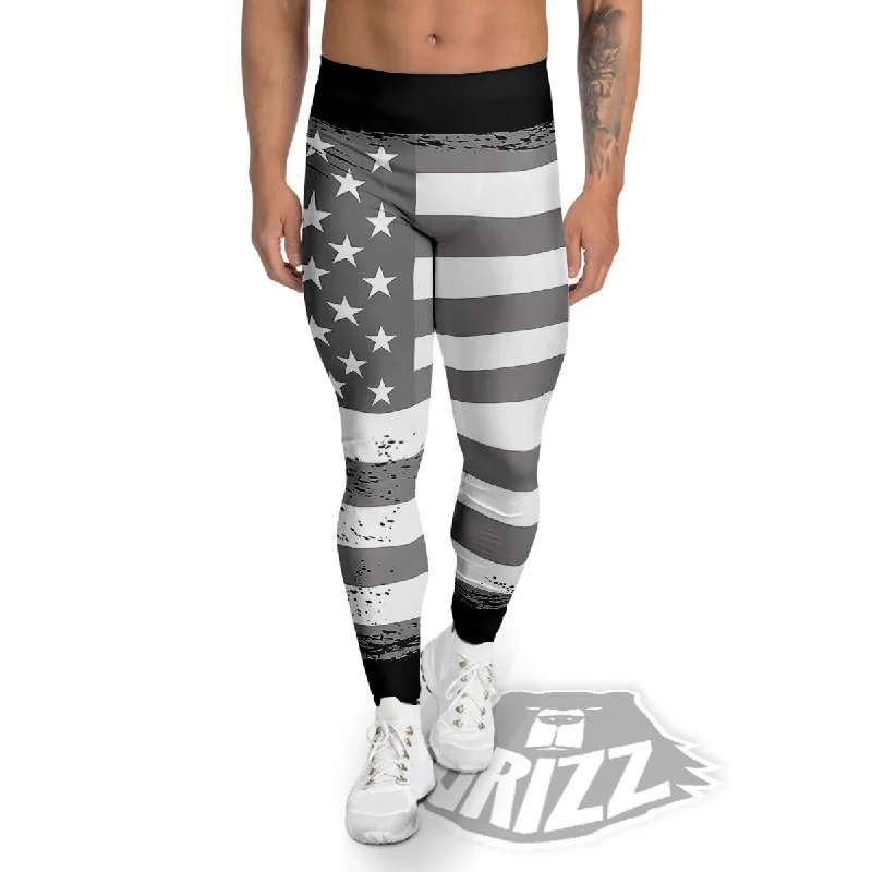 American Flag Grey Grunge Print Men's Leggings