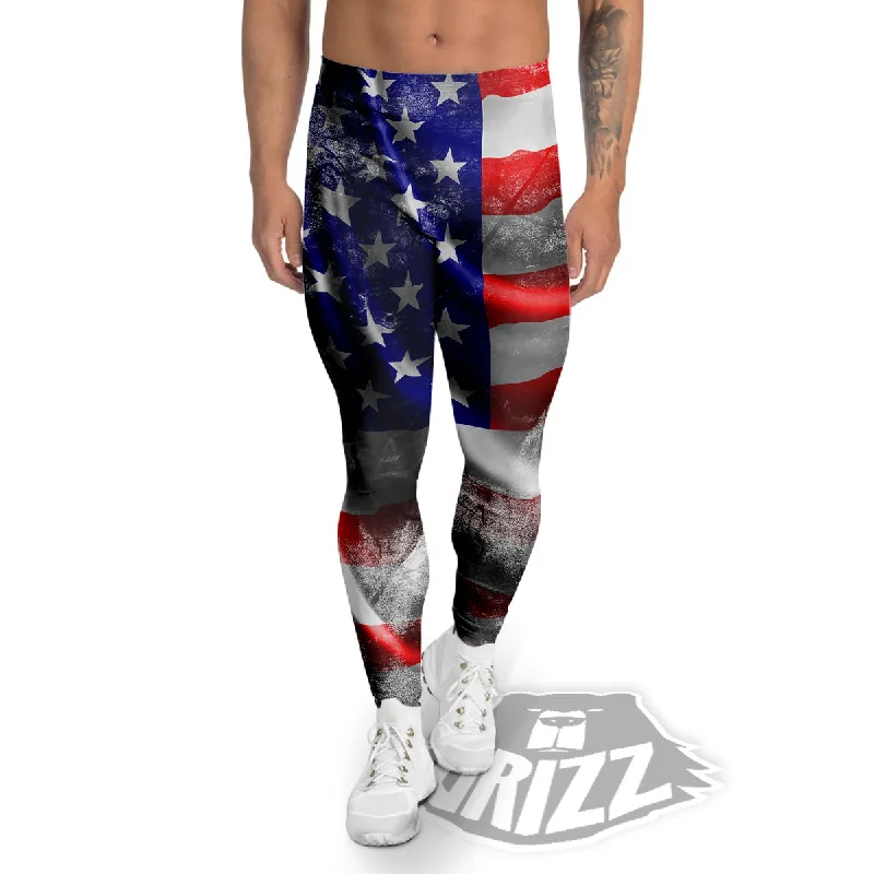 American Flag Grunge Ripped Paper Print Men's Leggings