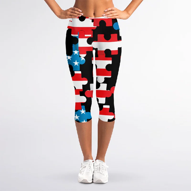 American Flag Jigsaw Puzzle Print Women's Capri Leggings