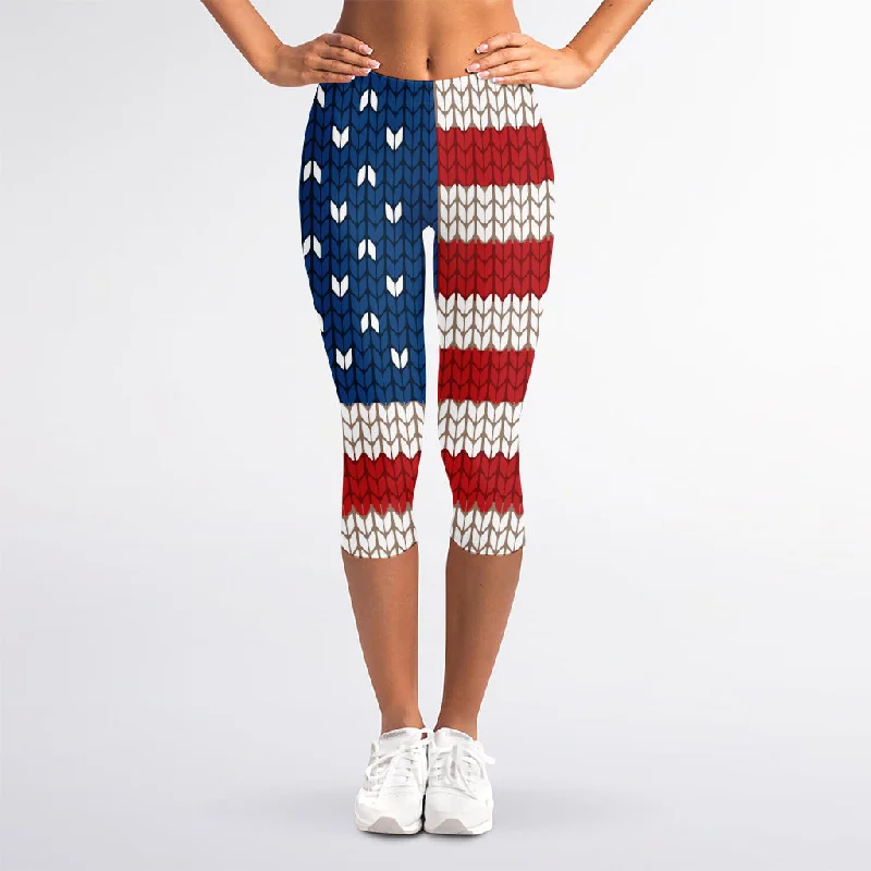 American Flag Knitted Print Women's Capri Leggings