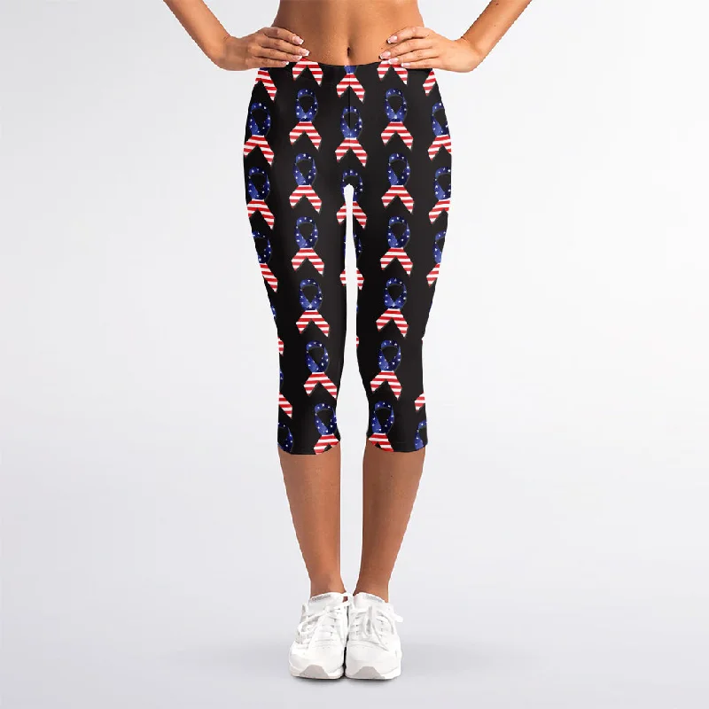 American Flag Ribbon Pattern Print Women's Capri Leggings