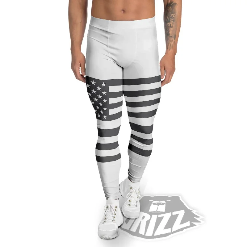 American Flag White And Grey Print Men's Leggings