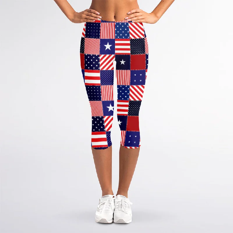 American Patriotic Patchwork Print Women's Capri Leggings