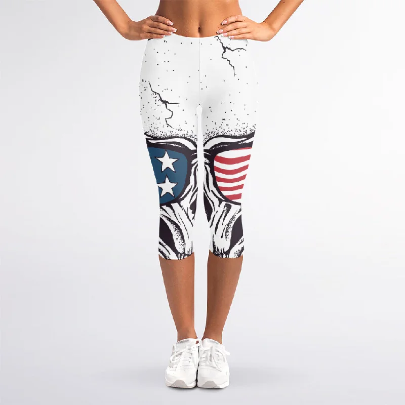 American Skull With Sunglasses Print Women's Capri Leggings