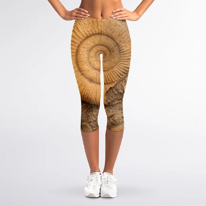 Ammonite Shell Fossil Print Women's Capri Leggings