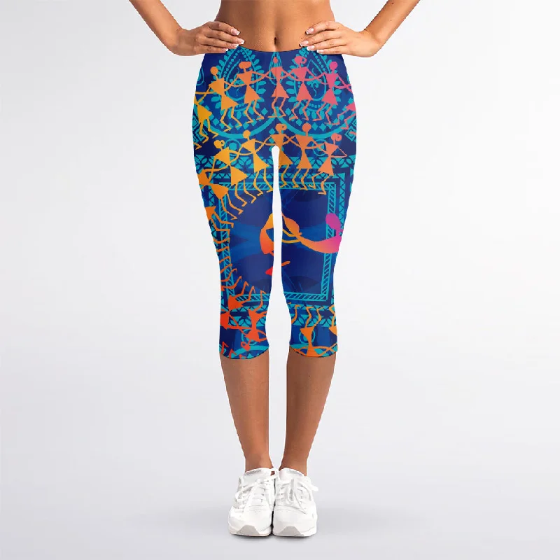 Ancient Indian Warli Tribal Print Women's Capri Leggings