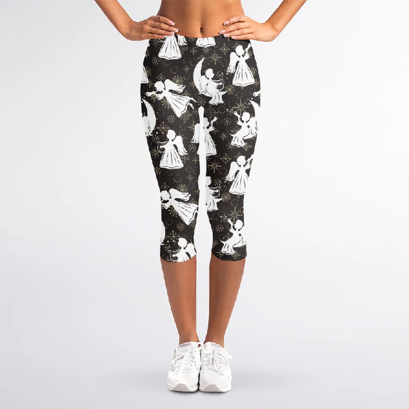 Angel And Snowflake Pattern Print Women's Capri Leggings