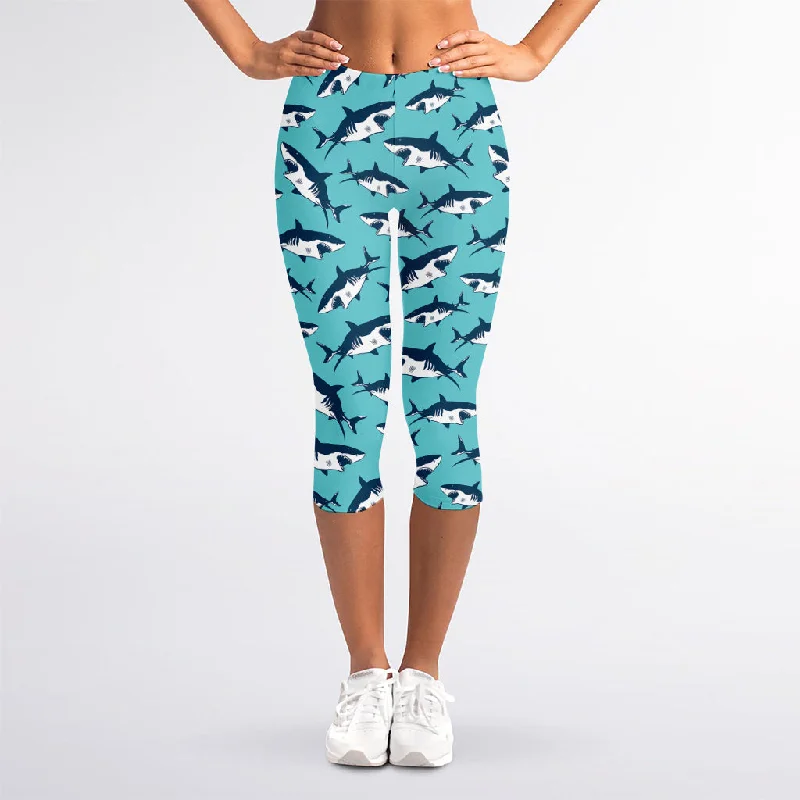 Angry Shark Pattern Print Women's Capri Leggings