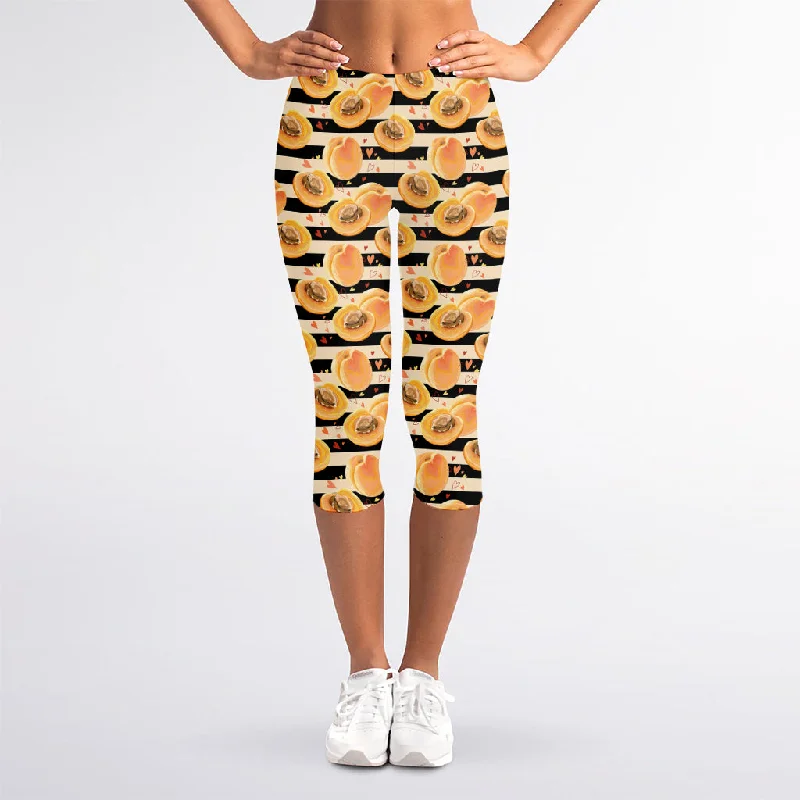 Apricot Fruit Striped Pattern Print Women's Capri Leggings