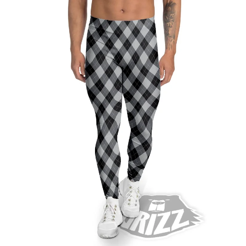 Argyle Black And Grey Print Pattern Men's Leggings