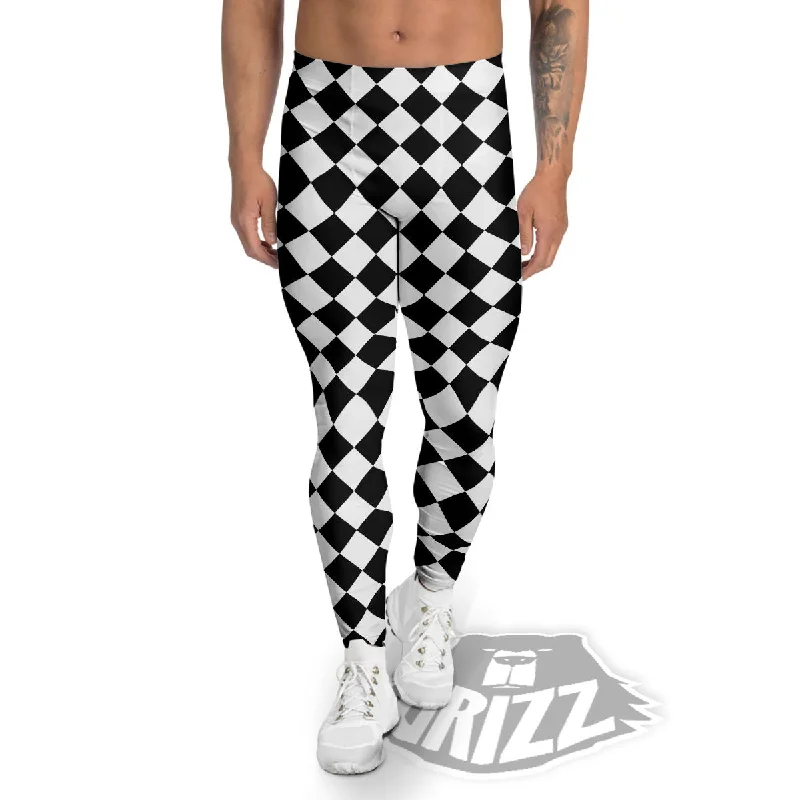 Argyle Diamond Shapes Black And White Print Pattern Men's Leggings