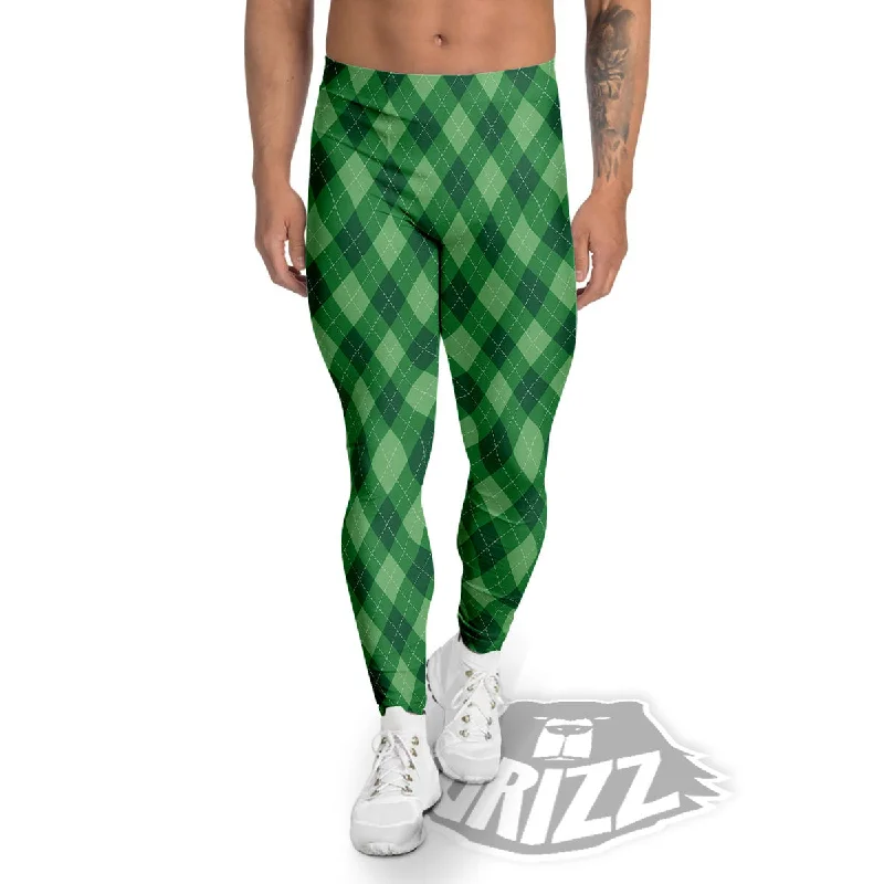 Argyle Forest Green Print Pattern Men's Leggings