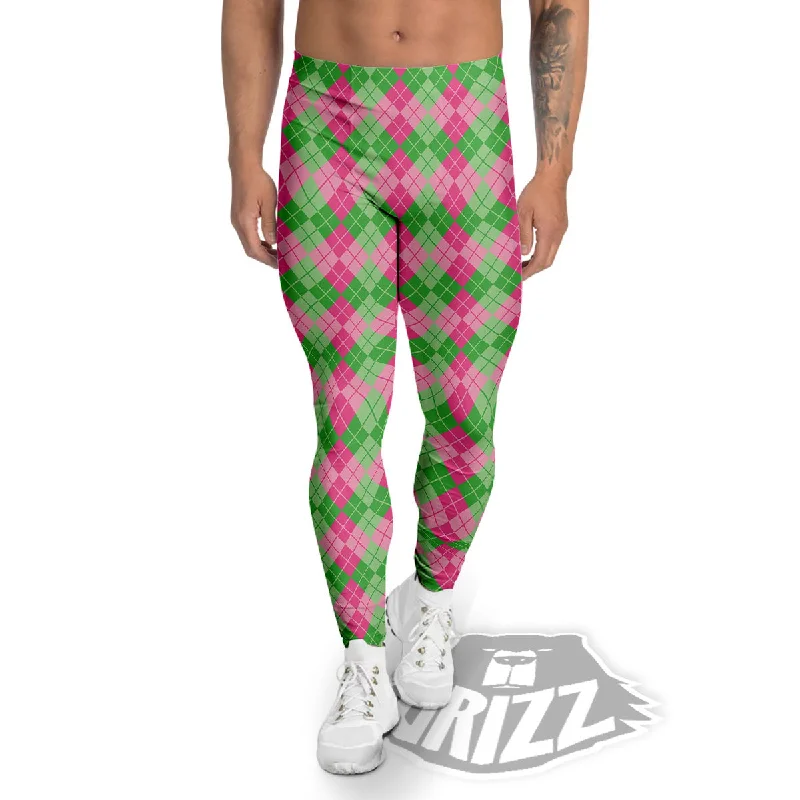 Argyle Pink And Green Print Pattern Men's Leggings