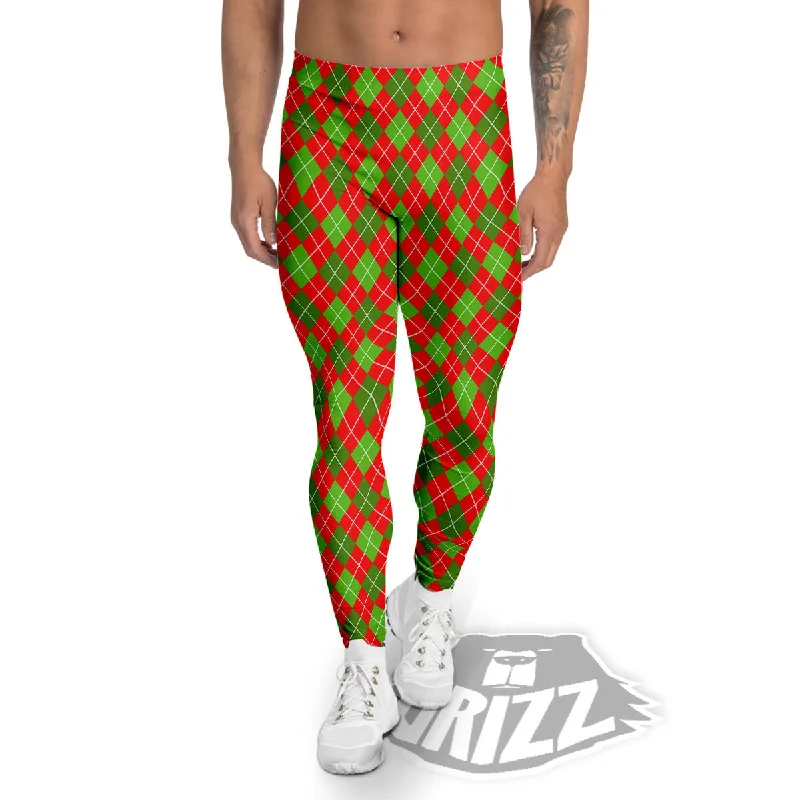 Argyle Red And Green Print Pattern Men's Leggings