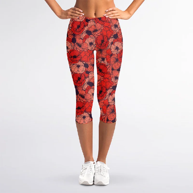 Armistice Day Poppy Pattern Print Women's Capri Leggings