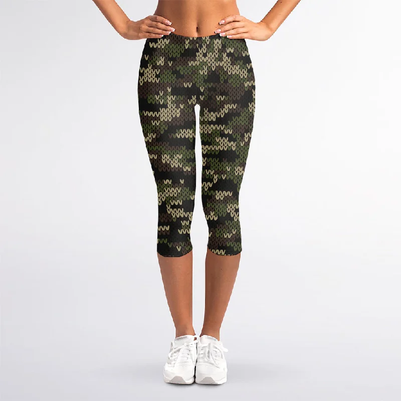 Army Camouflage Knitted Pattern Print Women's Capri Leggings