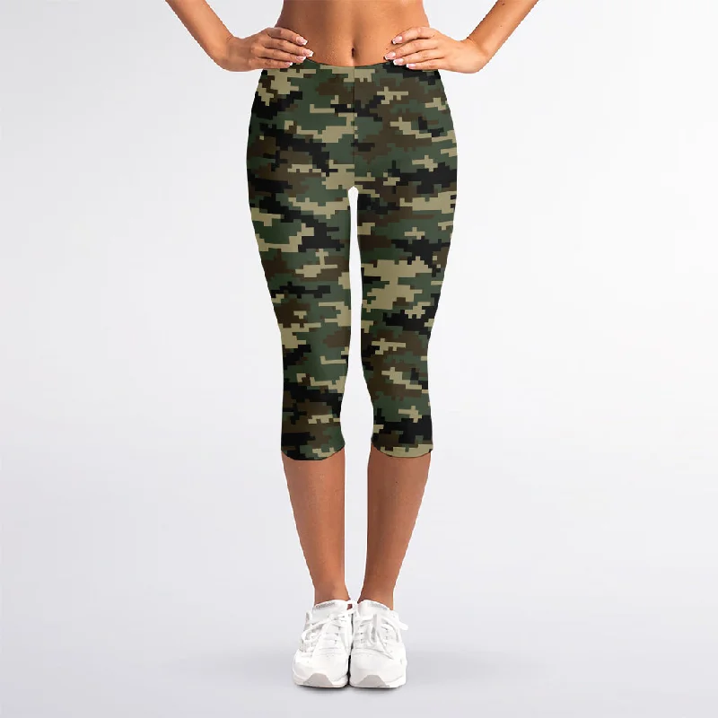 Army Green Digital Camo Pattern Print Women's Capri Leggings