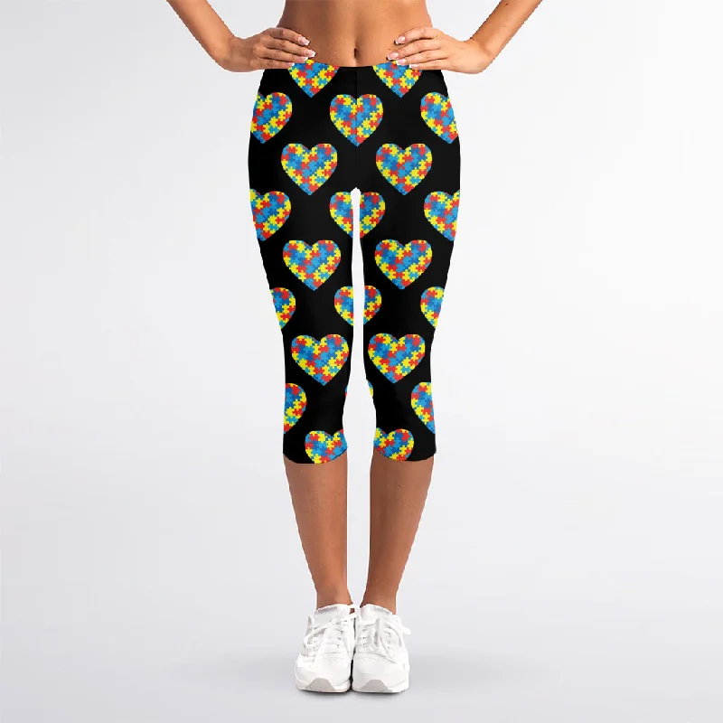 Autism Awareness Heart Pattern Print Women's Capri Leggings