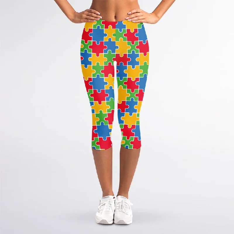 Autism Awareness Jigsaw Pattern Print Women's Capri Leggings