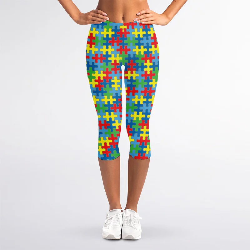 Autism Awareness Jigsaw Print Women's Capri Leggings