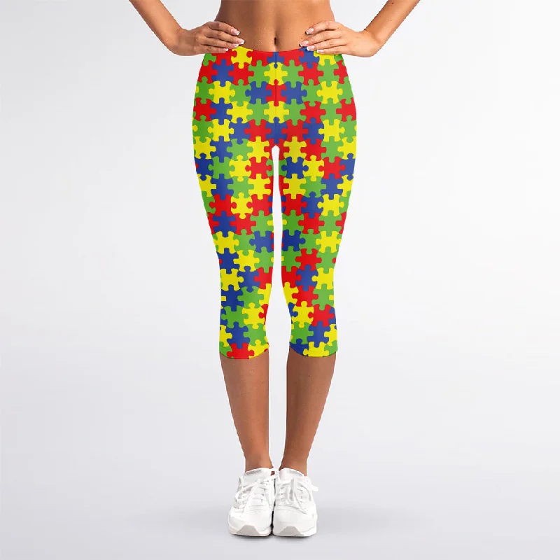 Autism Awareness Puzzle Pattern Print Women's Capri Leggings