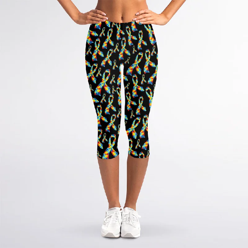 Autism Awareness Ribbon Pattern Print Women's Capri Leggings