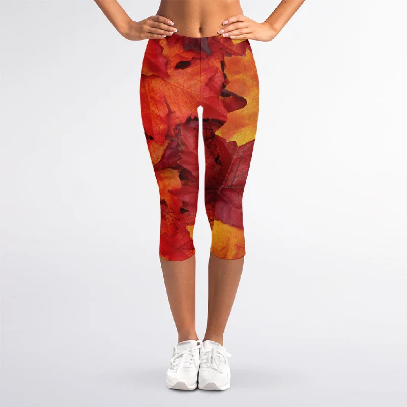 Autumn Maple Leaf Print Women's Capri Leggings