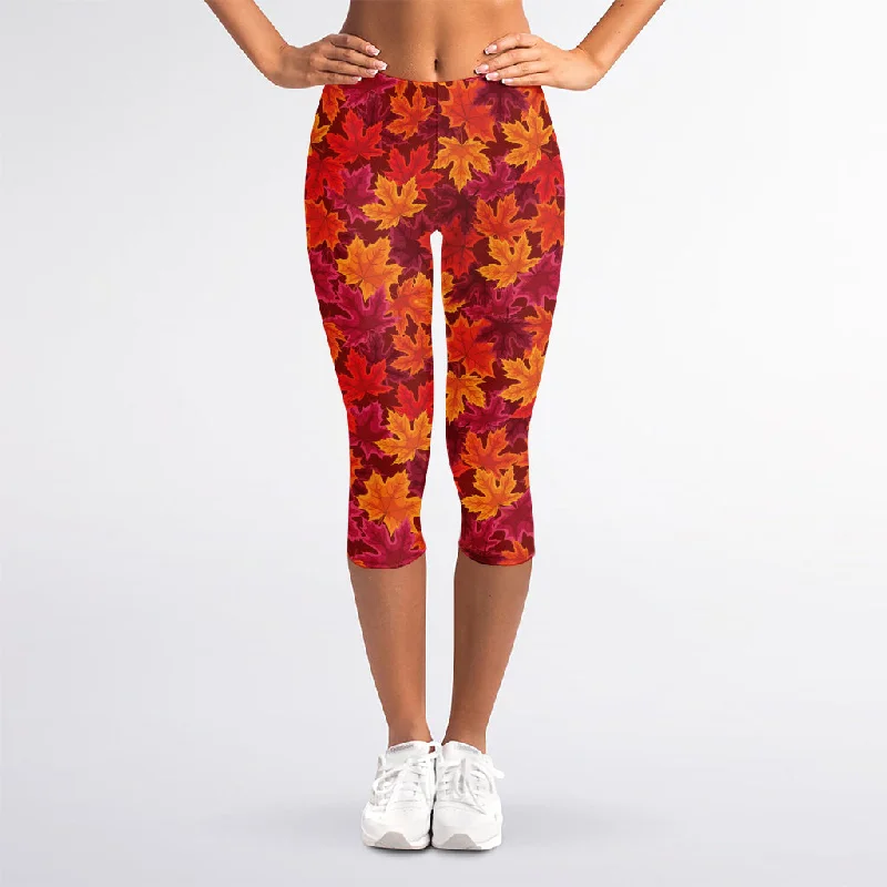 Autumn Maple Leaves Pattern Print Women's Capri Leggings