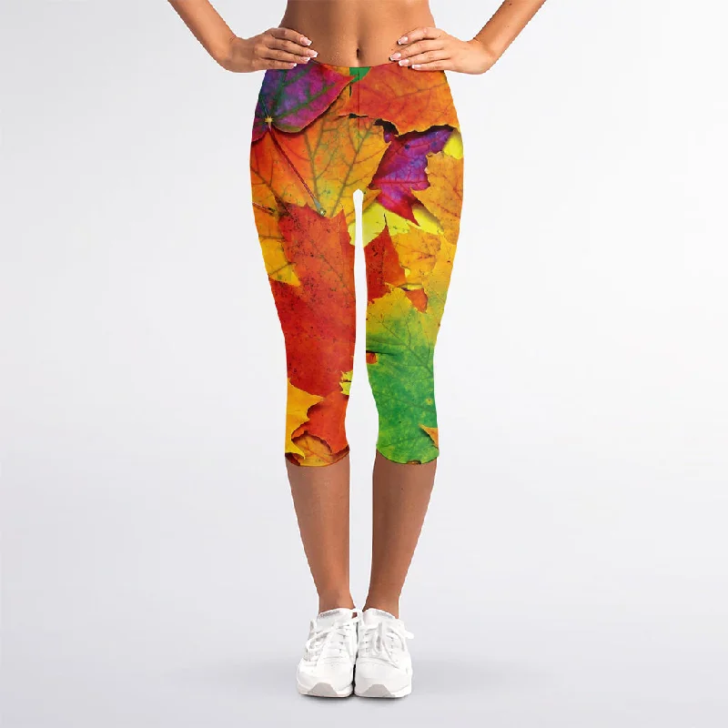 Autumn Maple Leaves Print Women's Capri Leggings