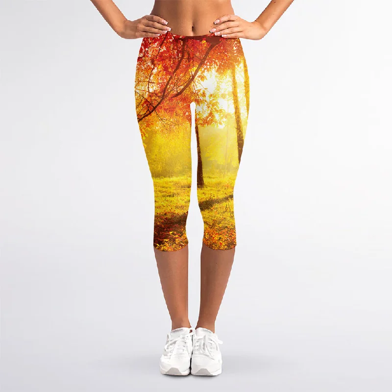 Autumn Trees Print Women's Capri Leggings