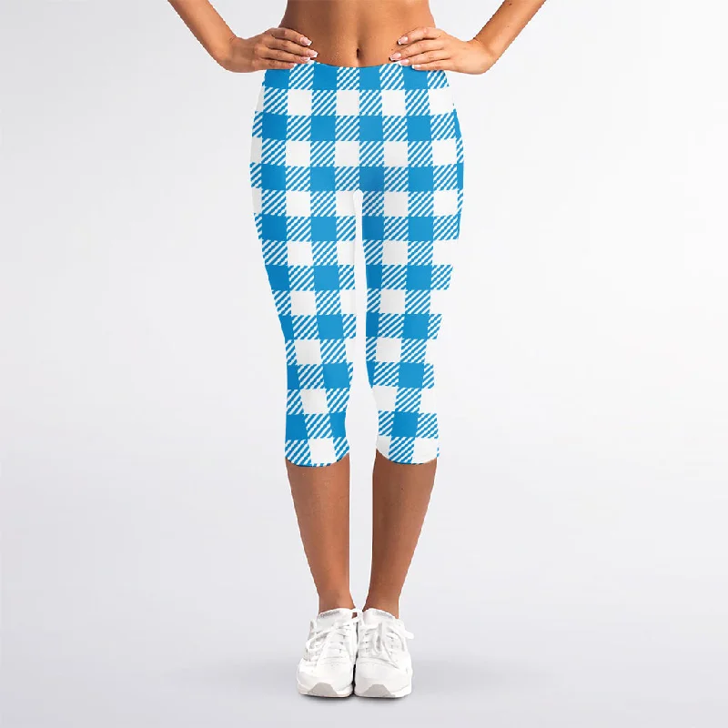 Azure Blue And White Gingham Print Women's Capri Leggings