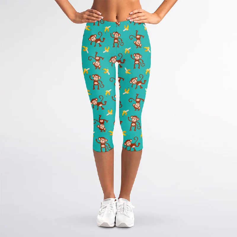 Banana And Monkey Pattern Print Women's Capri Leggings