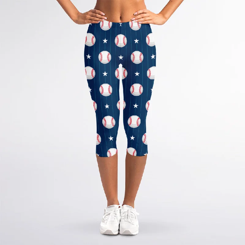 Baseballs Star Pattern Print Women's Capri Leggings