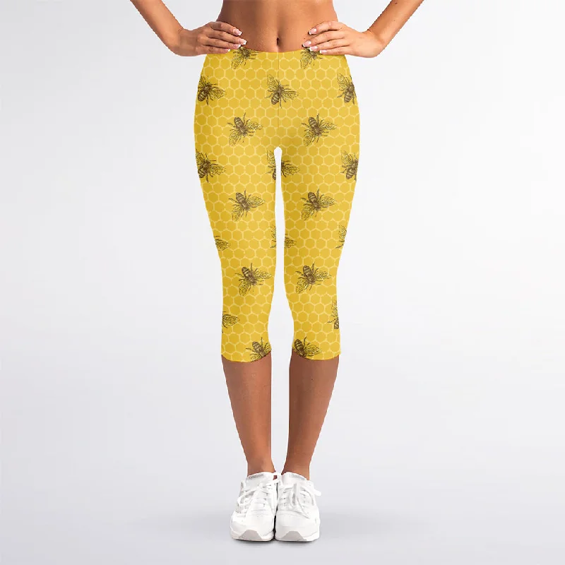 Bee Honeycomb Pattern Print Women's Capri Leggings