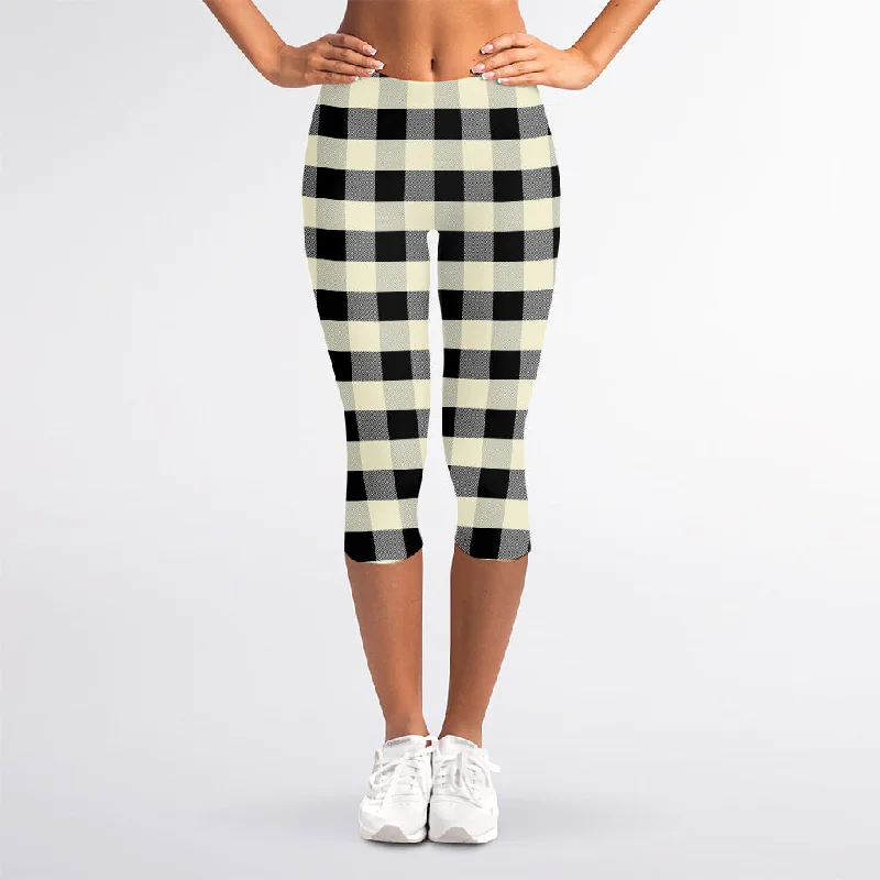 Beige And Black Buffalo Check Print Women's Capri Leggings