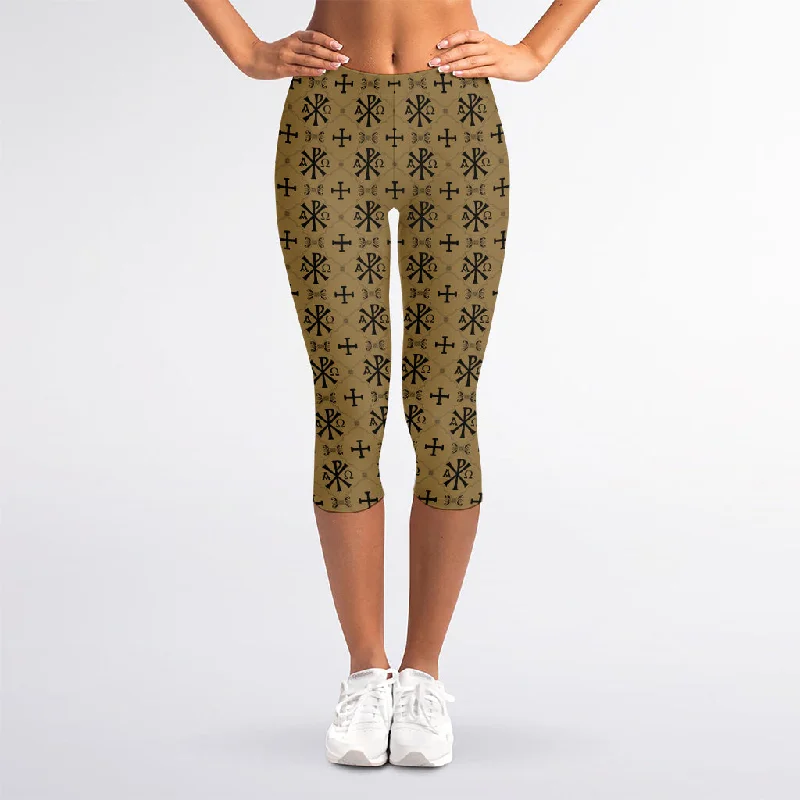 Beige And Black Orthodox Pattern Print Women's Capri Leggings