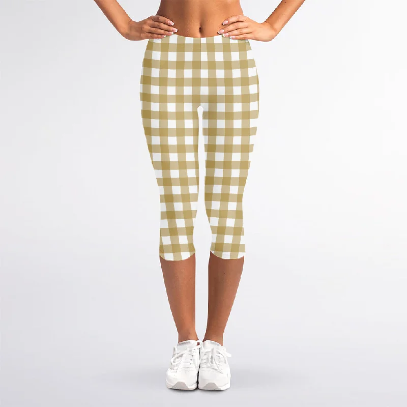 Beige And White Check Pattern Print Women's Capri Leggings