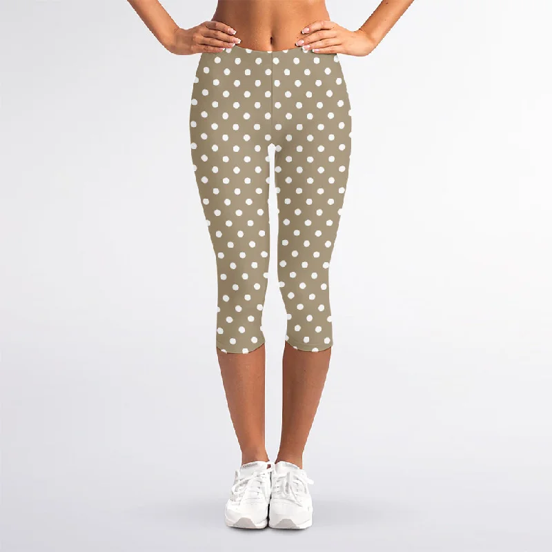 Beige And White Polka Dot Pattern Print Women's Capri Leggings