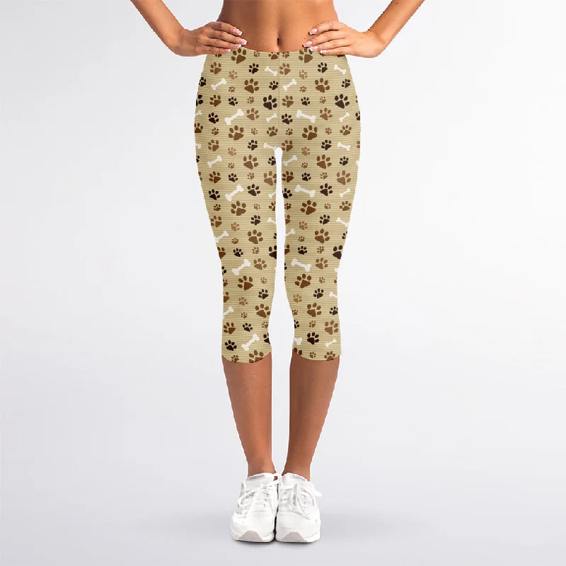 Beige Paw And Bone Pattern Print Women's Capri Leggings