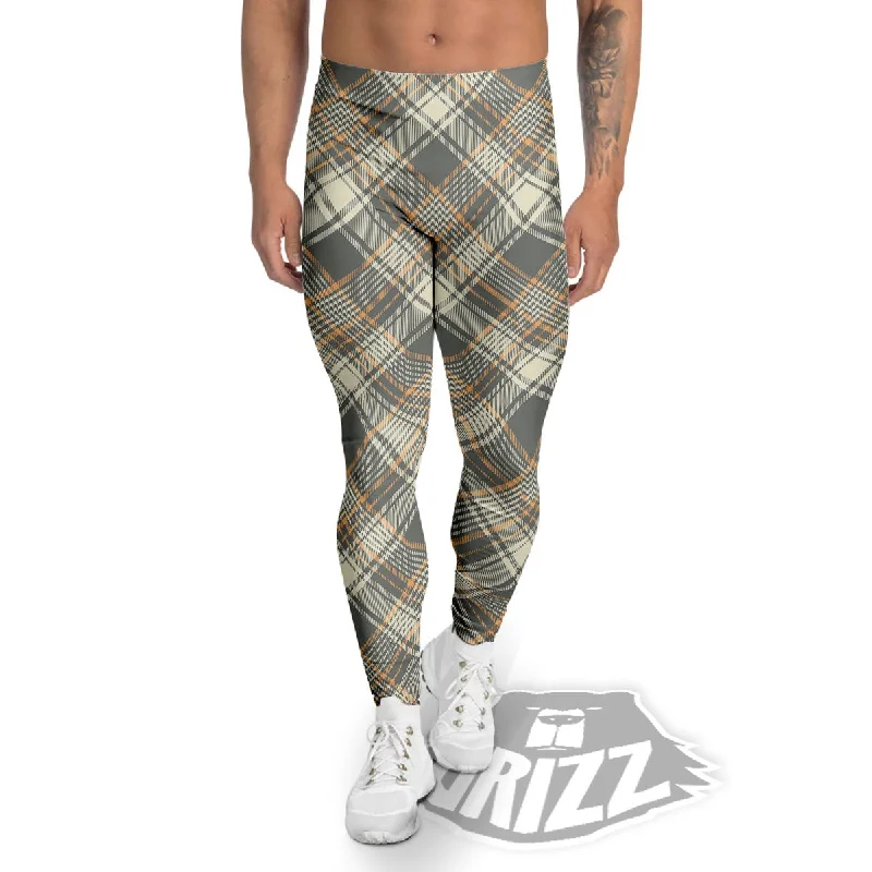 Beige Plaid And Grey Print Pattern Men's Leggings